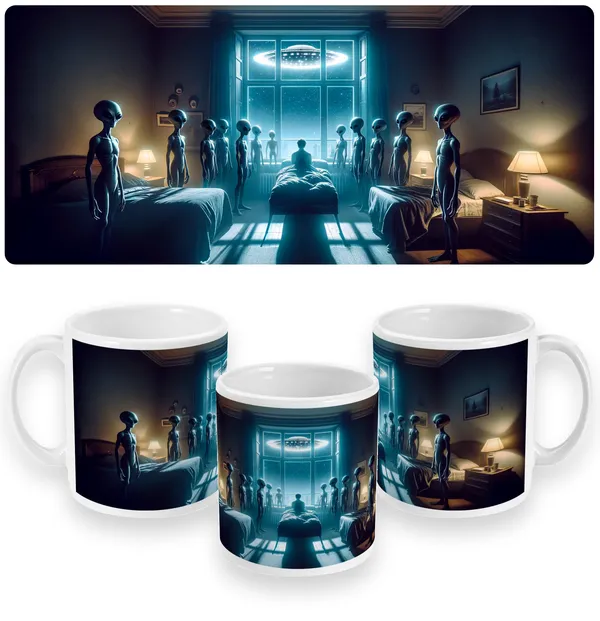 Midnight Encounter - Alien Visit & UFO Bedroom Scene Mug