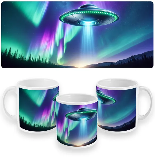 Aurora Encounters UFO & Northern Lights Mug