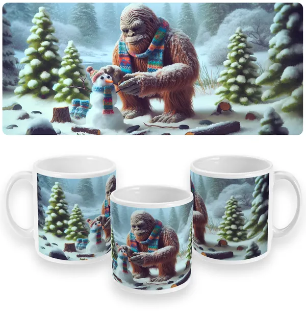 Mystical Winter Fun: Bigfoot Snowman Builder Mug