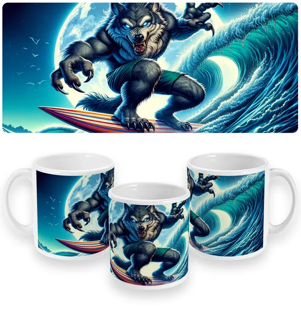 Moonlit Surf Werewolf Mug - Midnight Wave Rider