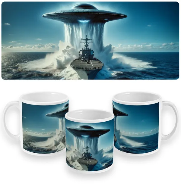 Oceanic Emergence: UFO & Warship Encounter Ceramic Mug
