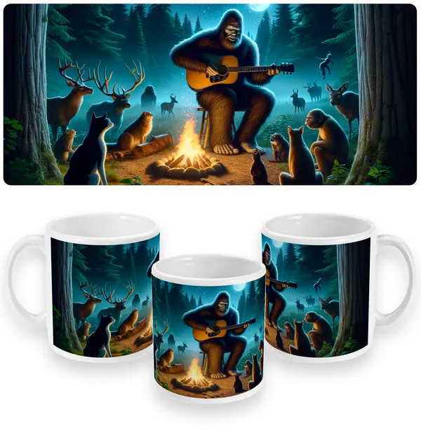 Melodies of the Wild: Musician Bigfoot Campfire Mug