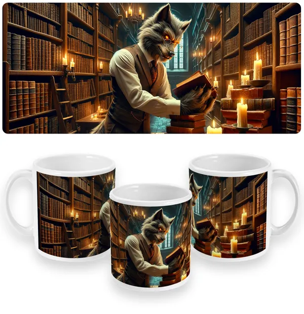 Mystical Werewolf Librarian - Enchanted Library Candlelit Night Mug