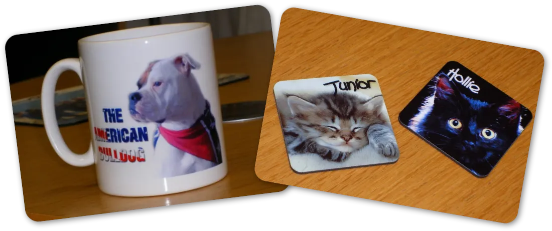 photos of custom mug and coasters with animals on them